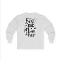 Printify long sleeve heather gray shirt back print Best Dog Mom Ever with paw prints eco-friendly pet lover apparel