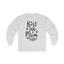 Printify long sleeve heather gray shirt with Best Dog Mom Ever black script and paw prints eco-friendly pet lover apparel