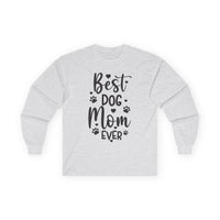 Printify long sleeve heather gray shirt with Best Dog Mom Ever black script and paw prints eco-friendly pet lover apparel