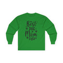 Green long sleeve Printify shirt with Best Dog Mom Ever black script and paw prints eco-friendly pet lover apparel