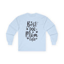 Printify light blue long sleeves with Best Dog Mom Ever black design and paw prints eco-friendly pet lover apparel