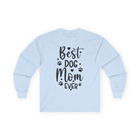Printify light blue long sleeves with Best Dog Mom Ever black design and paw prints eco-friendly pet lover apparel