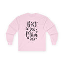 Printify pink long sleeve shirt Best Dog Mom Ever print with paw hearts eco-friendly pet lover apparel