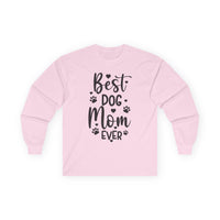 Printify pink long sleeve shirt Best Dog Mom Ever print with paw hearts eco-friendly pet lover apparel