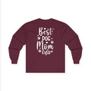Printify maroon long sleeve shirt with white Best Dog Mom Ever graphic and paw prints eco-friendly pet lover apparel