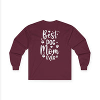 Printify maroon long sleeve shirt with white Best Dog Mom Ever graphic and paw prints eco-friendly pet lover apparel