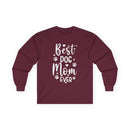 Maroon long sleeve Printify shirt with white Best Dog Mom Ever design and paw prints eco-friendly pet lover apparel