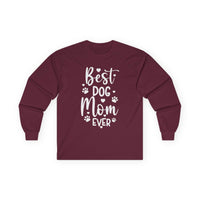 Maroon long sleeve Printify shirt with white Best Dog Mom Ever design and paw prints eco-friendly pet lover apparel