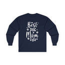 Printify navy long sleeves with Best Dog Mom Ever white print and paw graphics eco-friendly pet lover apparel