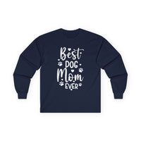 Printify navy long sleeves with Best Dog Mom Ever white print and paw graphics eco-friendly pet lover apparel