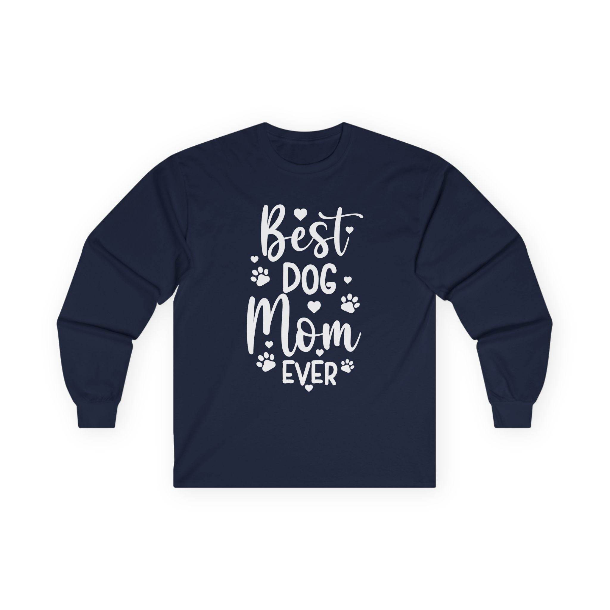 Printify navy long sleeves with Best Dog Mom Ever white print and paw graphics eco-friendly pet lover apparel