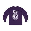 Printify purple long sleeves with white Best Dog Mom Ever design and paw prints eco-friendly pet lover apparel