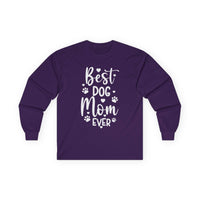 Printify purple long sleeves with white Best Dog Mom Ever design and paw prints eco-friendly pet lover apparel