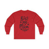 Red long-sleeve Printify shirt reading Best Dog Mom Ever with paw prints and hearts eco-friendly pet lover apparel
