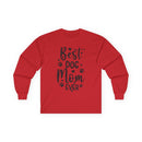 Red long-sleeve Printify shirt reading Best Dog Mom Ever with paw prints and hearts eco-friendly pet lover apparel