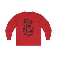 Red long-sleeve Printify shirt reading Best Dog Mom Ever with paw prints and hearts eco-friendly pet lover apparel