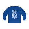 Printify blue long sleeve shirt Best Dog Mom Ever white print with paw prints eco-friendly pet lover apparel