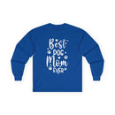 Printify blue long sleeve shirt Best Dog Mom Ever white print with paw prints eco-friendly pet lover apparel