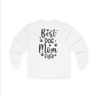 Printify white long-sleeve shirt with Best Dog Mom Ever design and paw prints eco-friendly pet lover apparel