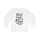 Printify white long sleeve shirt with Best Dog Mom Ever text and paw prints eco-friendly pet lover apparel