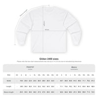 White Gildan 2400 long sleeves size chart showing width length sleeve measurements for eco-friendly pet lover apparel