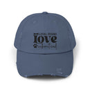 Printify eco-friendly pet lover hat distressed denim blue cap with Loyal Friend love without end paw print design