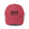 Red distressed baseball cap with Loyal Friend Love without end print and paw graphic eco-friendly pet lover hat