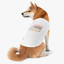 Shiba Inu wearing a white eco-friendly pet tank top from Printify with playful If it hits the floor it belongs to me print