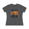 eco friendly halloween t shirt women Printify gray tee with In My Good Witch Era orange moon witch silhouette and bat