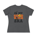 eco friendly halloween t shirt women Printify gray tee with In My Good Witch Era orange moon witch silhouette and bat