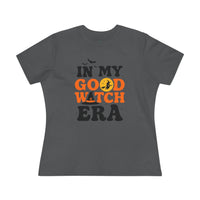 eco friendly halloween t shirt women Printify gray tee with In My Good Witch Era orange moon witch silhouette and bat