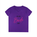 Printify purple V neck eco-friendly bride t-shirt with pink script Bride and black In My Era text for bachelorette