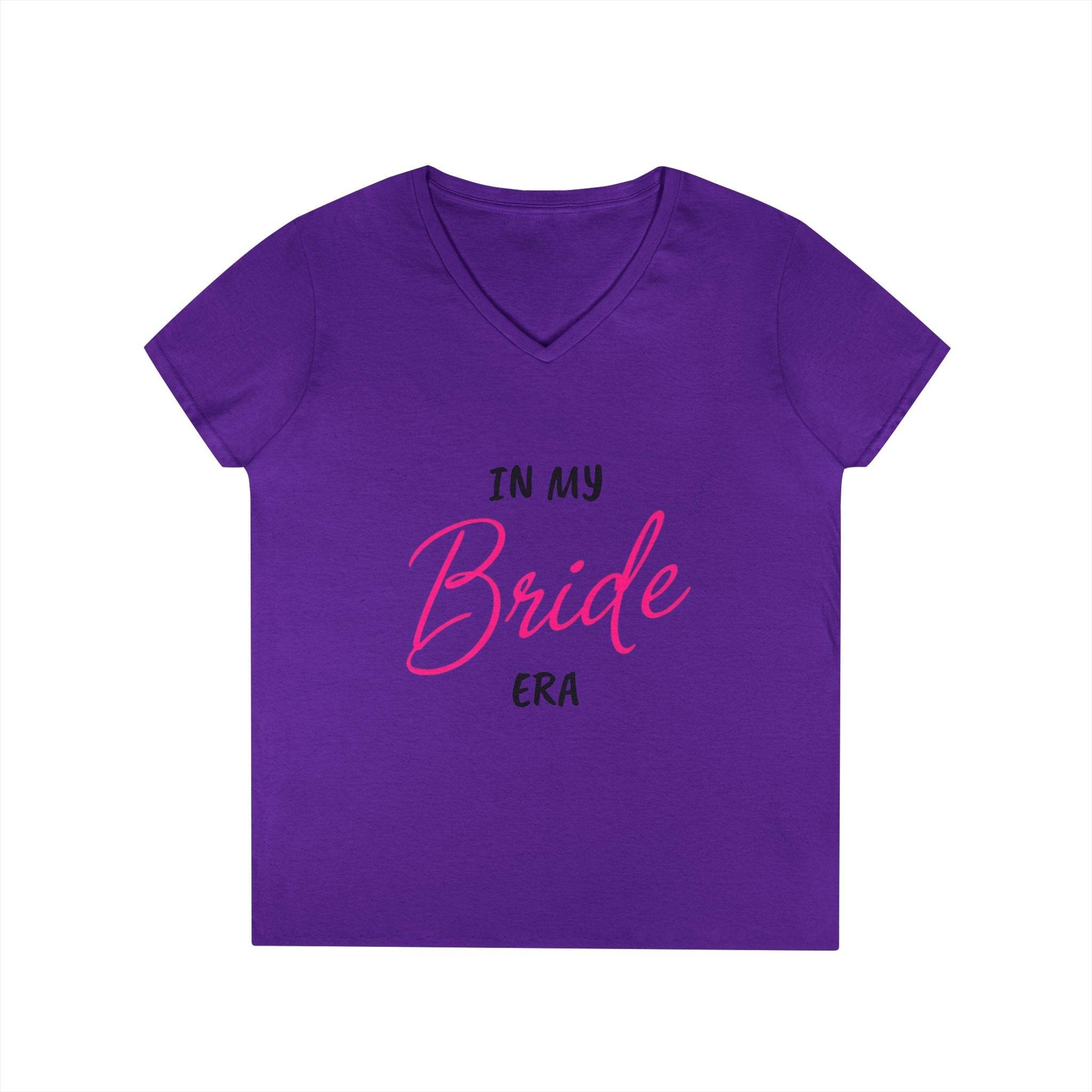 Printify purple V neck eco-friendly bride t-shirt with pink script Bride and black In My Era text for bachelorette