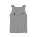 Gray tank top with black camping icons crescent moon tent mountains axe eco-friendly unisex tank top