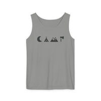 Gray tank top with black camping icons crescent moon tent mountains axe eco-friendly unisex tank top
