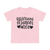 Printify pink tee with black Girlfriend Fiance Wife typography and hearts eco-friendly women's relationship tee