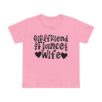 Pink short sleeve Printify eco-friendly women's relationship tee with black Girlfriend Fiance Wife design