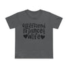 Printify eco-friendly women's relationship tee dark gray with Girlfriend Fiance Wife text and heart graphics
