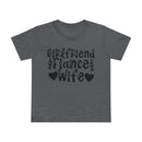 Printify eco-friendly women's relationship tee dark gray with Girlfriend Fiance Wife text and heart graphics