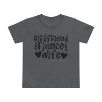 Printify eco-friendly women's relationship tee dark gray with Girlfriend Fiance Wife text and heart graphics
