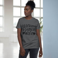 Printify model wearing charcoal crewneck printed with girlfriend fiance wife text design eco-friendly women's relationship tee