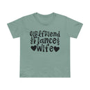Printify sage green tee with black Girlfriend Fiance Wife text heart and leaf accents eco-friendly women's relationship tee