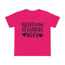 Printify pink T-shirt with Girlfriend Fiance Wife design and hearts, eco-friendly women's relationship tee for gifting