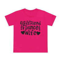 Printify pink T-shirt with Girlfriend Fiance Wife design and hearts, eco-friendly women's relationship tee for gifting