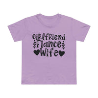 Printify lavender tee with black Girlfriend Fiance Wife design and hearts eco-friendly women's relationship tee
