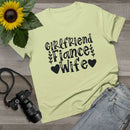 Light green Printify T shirt with Girlfriend Fiance Wife black print hearts and leaves eco-friendly women's relationship tee