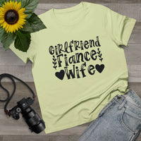 Light green Printify T shirt with Girlfriend Fiance Wife black print hearts and leaves eco-friendly women's relationship tee