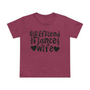Maroon Printify tee with black Girlfriend Fiance Wife graphic hearts and leaves eco-friendly women's relationship tee