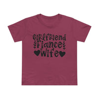 Maroon Printify tee with black Girlfriend Fiance Wife graphic hearts and leaves eco-friendly women's relationship tee