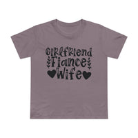 Mauve Printify crewneck tee with black Girlfriend Fiance Wife text and hearts eco-friendly women's relationship tee